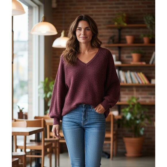 Band of Gypsies Sweaters - Band Of Gypsies Sweater Womens Medium Burgundy V Neck Balloon Sleeve Fuzzy Soft